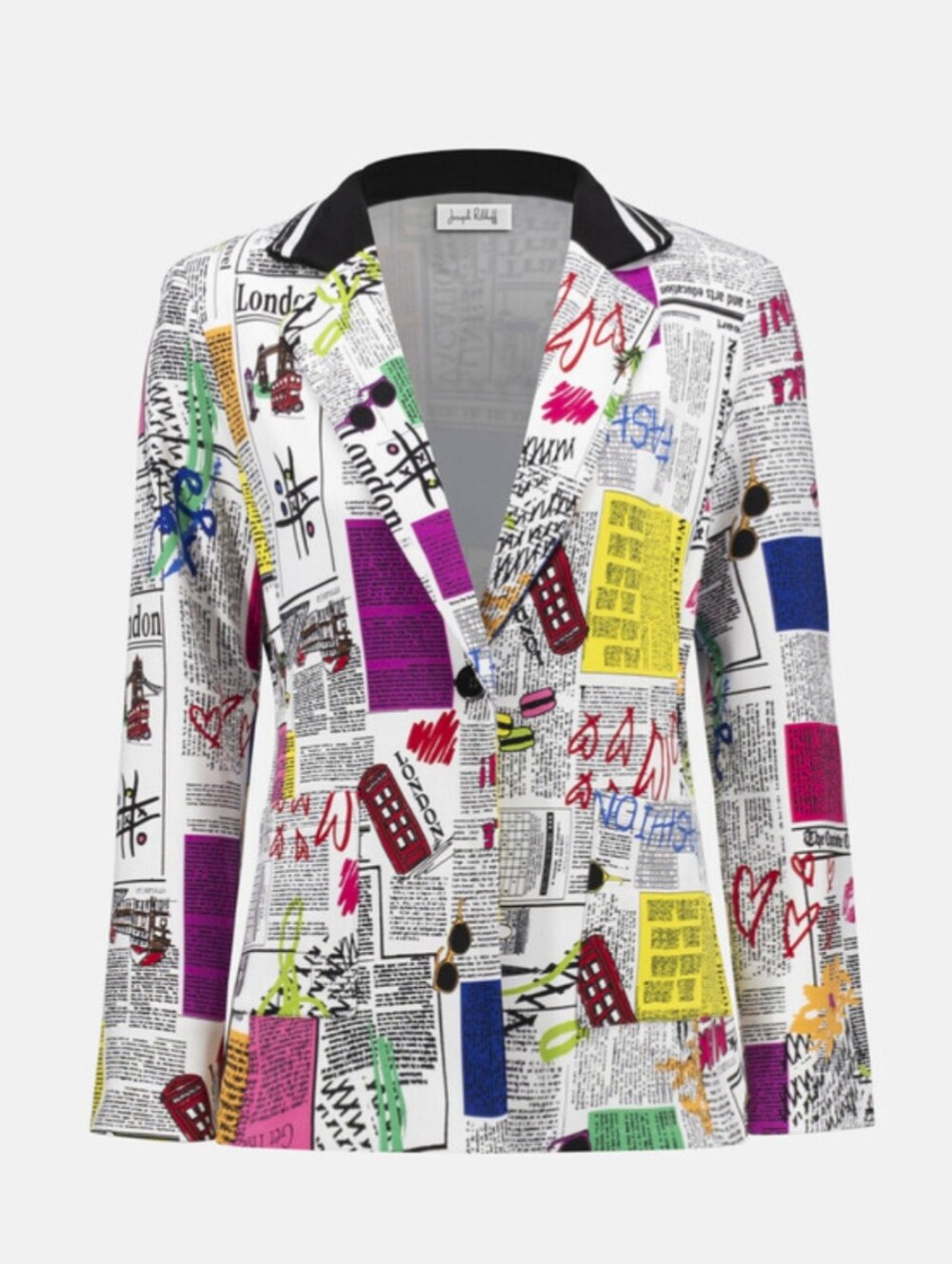 Joseph Ribkoff Multicolor Newspaper-Print Blazer, Black Notch Collar, Size 12 - Picture 3 of 9